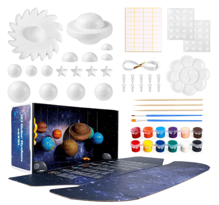 Pllieay 3D Solar System Model, Solar System Project Kit Include Display Box Mixed Sized Foam Balls, Color Pigments, Palette , Painting Brushes, Bamboo Sticks for Kids School Science Projects.